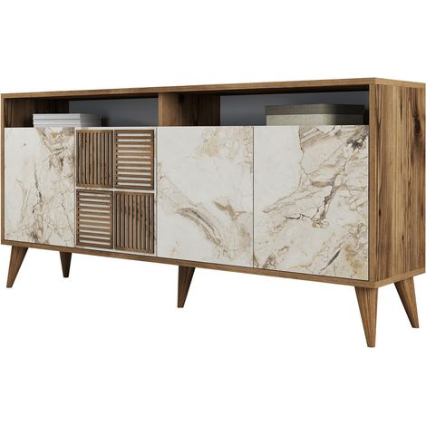 Cotecosy – Buffet en bois noyer et marbre blanc – 160 x 35 x 78 cm – 6 étagères, 4 portes – Élégance et praticité pour votre intérieur (1/5)