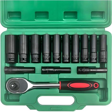Set of 14 Long Impact Sockets 1/2 Inch (8-24 mm) with Ratchet and Socket Set, 6 Side 1/2 Male Impact Socket Set, Socket Wrench, for Car Repair & Tire Change (1/5)