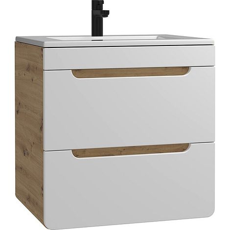 Mobile per bagno sospeso con lavabo da incasso Naturale e Bianco 60 cm - ARUBA
