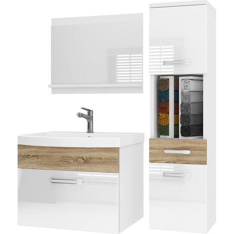 BELINI Meuble de Salle de Bain PRI PM3 90 cm - Meuble avec Vasque Céramique + Miroir avec Étagère - Suspendu - Blanc / Chêne Sonoma (1/5)