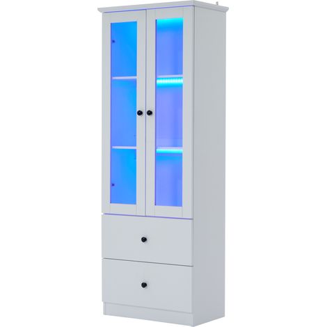 Vitrine LED 165cm blanche mate, télécommande 16 couleurs + port USB, 2 tiroirs, étagères réglables, meuble salon MDF vertical