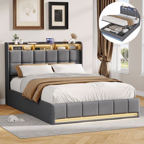 Lit coffre 140x190 cm avec rangement, Tête de lit capitonné avec éclairage LED et ports USB, Sommier à lattes, Tissu en lin, Gris (1/5)
