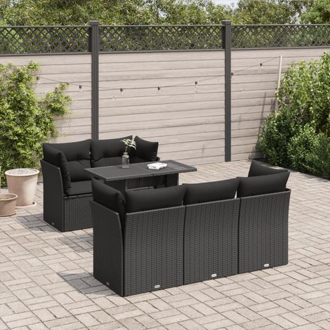 Ensemble Salon Jardin 6 Places Résine Tressée Noir avec Table Réglable et Coussins Lavables - Stockage Intégré (1/5)