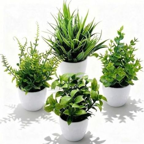 4 Piece Small Plant Artificial Interior, Plastic Faux Plants, Pot Verdure Artificial in Plastic, Suitable to the Decoration of the Kitchen, of the Bedroom, Cols (White) (1/5)