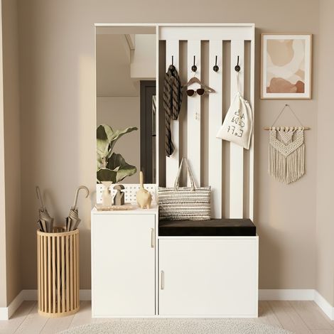 Flur Möbelset 180x100x40 cm, Garderobe, mit Spiegel, 2 Türen, 4 Haken, Schuhschrank und Bank mit Kissen, modernes Design - Weiß