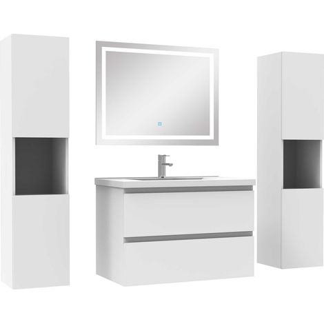 Ensemble meubles Salle de Bain 80cm vasque + colonne + miroir lumineux Blanc