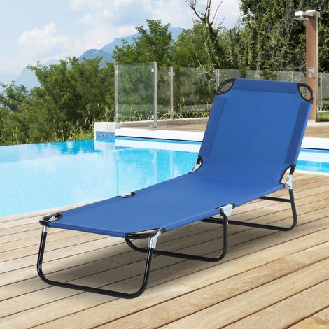 Transat inclinable pliable Outsunny avec 5 positions réglables, idéal pour le jardin, la piscine, la terrasse et le camping. Charge maximale : 120 kg. Dimensions : 188 x 56 x 28 cm. Couleur : bleu.