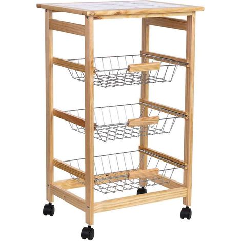 Chariot de cuisine en bois blanc avec paniers et roulettes - bois naturel clair et argent (1/5)