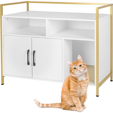 Armario arenero Relaxdays con alfombrilla, entrada y almacenamiento, 74x90x45 cm, casa para gatos, blanco/dorado