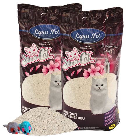 2 x 15 litres de litière pour chat Lyra Pet® SilverCat® à base de bentonite et de charbon actif + 2 souris