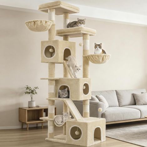 Arbre à Chat, XXL, Hauteur 209 cm, avec 7 Griffoirs, 3 Niches, 2 Plateformes, 2 Planche à Gratter, Panier, Hamac, Balle en Peluche, Arbre à Chat à Plusieurs Niveaux, Beige (1/5)