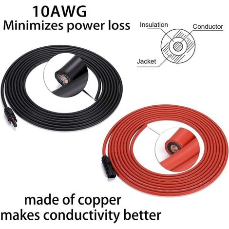 cavi di prolunga fotovoltaici, pv1 - f 2,5 mm², 3 m / cavo, connettore mc4 IP67, 10awg (nero + rosso) per pannelli solari fotovoltaici, ecc. (1/4)
