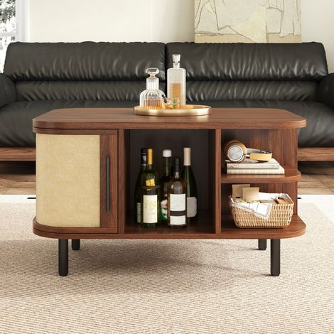Couchtisch, Beistelltisch, geschwungene Form, geflochtene Oberfläche, MDF-Korpus, Metallgriffe, Metallbeine, Stauraum, Wohnzimmertisch (1/5)