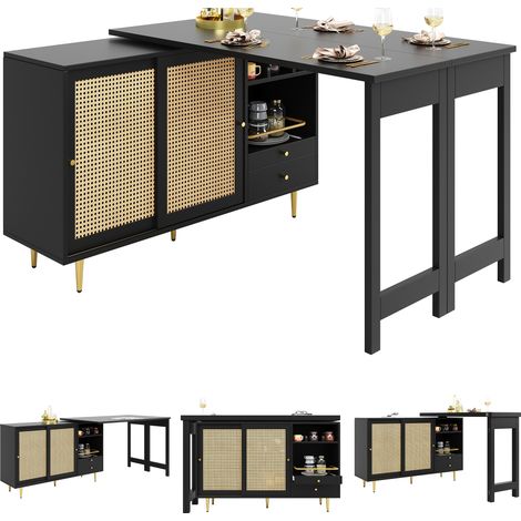 Table de travail réglable noire design, extensible et pivotante 360°, structure 107x40x71,4 cm, meuble de rangement avec portes en rotin et étagère ouverte, idéal pour cuisine et salle à manger