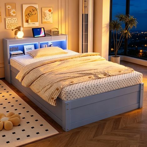 Schlafsofa 90x200 cm Grau - Einzelbett mit Stauraum, integrierter Steckdose & LED-Beleuchtung - Hydraulisches Massivholzbett (1/5)