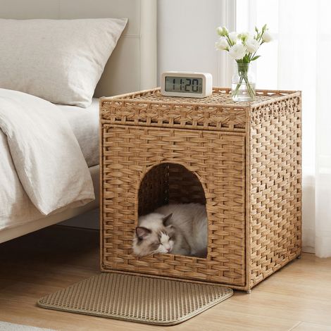 Meuble Litière pour Chat en Résine Tressée, Style Bohème avec Plateau Amovible, 52,5 x 52,5 x 56 cm, Jaune