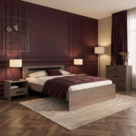 Pack Dormitorio Cama con Cabecero + 2 Mesitas de Noche + Cómoda 3 Cajones Oshira Roble Tostado y Negro Stipple (1/5)