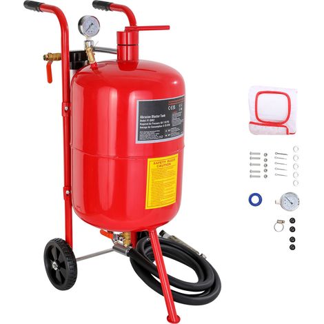 Sablomoteur portatif 40L avec buse céramique, vanne d'arrêt, manomètre, tuyau 2,5m, entonnoir, piège à eau, roues 6" caoutchouc, pour décapage par grenaillage. (1/5)