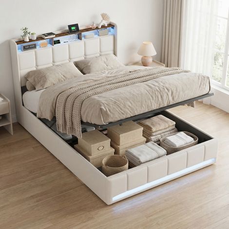 Lit coffre 140x190 cm, sommier à lattes, cadre métallique, lit double avec tête de lit LED, ports USB, lit capitonné lin - Beige