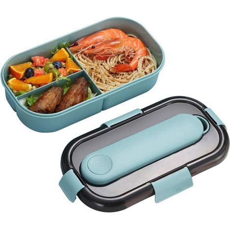 Fiambrera de 3 compartimentos con cubiertos, caja bento a prueba de fugas, caja bento con cubiertos, recipientes para alimentos con cuchara y tenedor, ideal para llevar (azul) - Fei Yu (1/5)