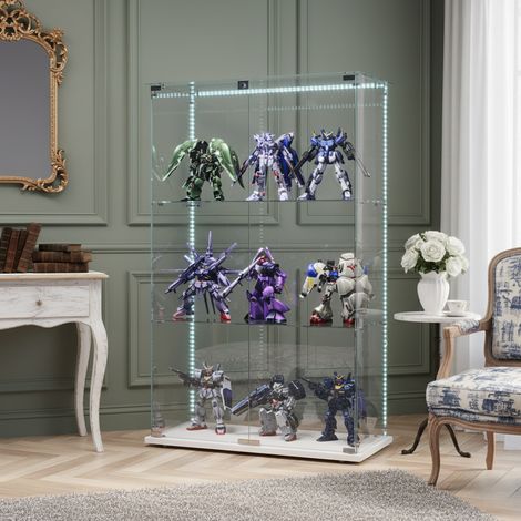 Vitrine en verre - double porte, 3 étagères, équipée d'une bande lumineuse LED et d'une serrure, verre trempé haute définition - blanc (1/5)