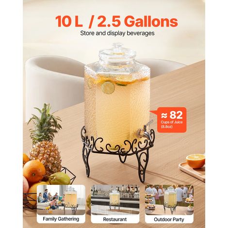 Distributeur de Boissons Grande Capacité de 10 L, Fontaine à Eau en Verre, Distribution d’Eau Jus Limonade Thé Glacé, avec Support… (1/5)