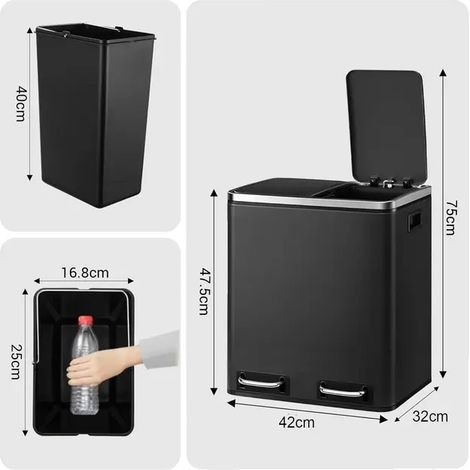 Cestino a doppio scomparto, con azionamento a pedale, colore nero - 2x15L (8 galloni) (1/2)