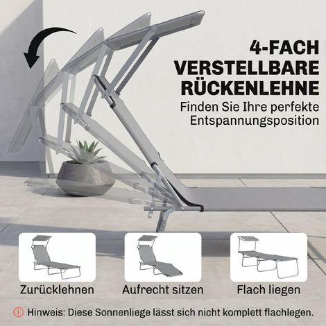 Transat pliable avec protection solaire, chaise longue de jardin bien-être, gris, 187 x 58 x 36 cm (1/5)