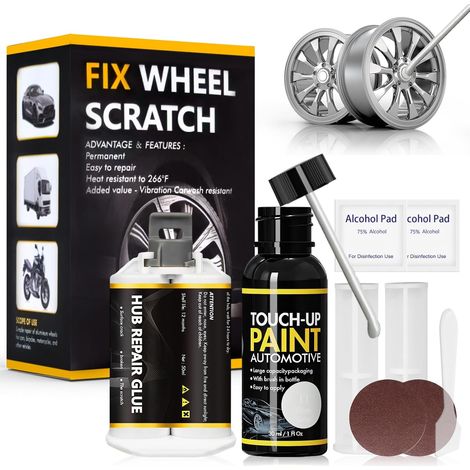 Peinture Jante Alu, Reparation Jantes Aluminium, 30ml+50ml, Argent Reparation Jante, Kit de Réparation de Rayures Roue en Alliage pour Réparer les Rayures Roues l'Oxydation Corrosion Bosses (1/5)