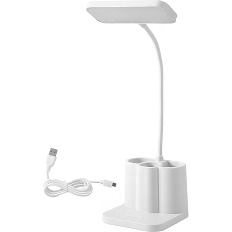 LED-Schreibtischlampe mit stufenloser Dimmfunktion, wiederaufladbarem Leselicht, einstellbarer Farbtemperatur, Stifthalter, Weiß