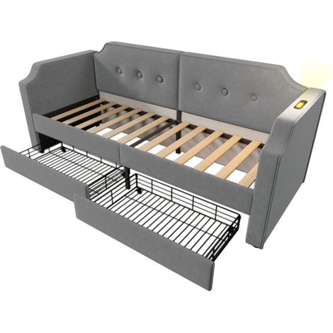 Polsterbett 90x200 cm aus grauem Samt mit USB-C, Leselampe und 2 Schubladen (1/5)