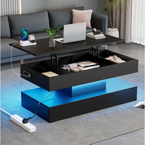 Mesa de centro 100x50x42 cm negra con LED, almacenamiento oculto, aglomerado, MEUBLIV (1/5)