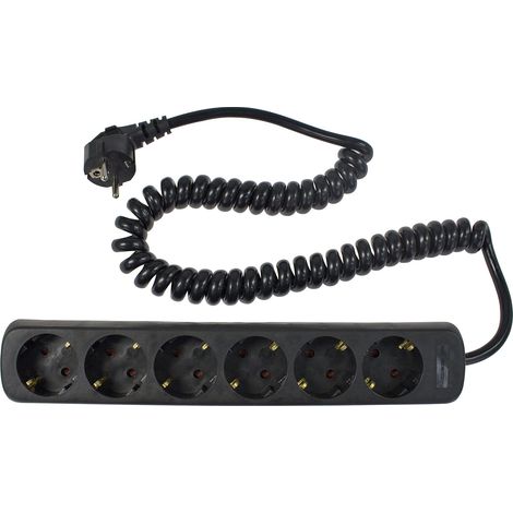 Rallonge multiprise 6 prises avec câble spirale 2,5 m H05VVF 3G1,5 IP 20 / Intérieur (Noir)
