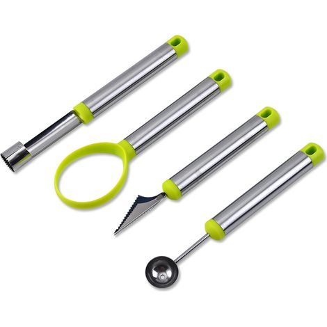 Outils en acier inoxydable pour la sculpture des fruits : cuillère à melon, vide-pomme, couteau à découper, éplucheur de fruits, éplucheur de pépins, pour la confection de plateaux de fruits. (1/4)