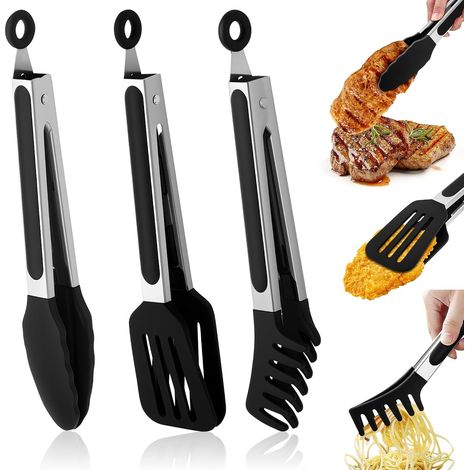 3 Piece Silicone Kitchen Tongs, 27 cm Stainless Steel Barbecue Tongs with 3 Hooks, Resistant Silicone (230 °C), Kitchen Tongs for Baking, Salad, Pasta (1/5)