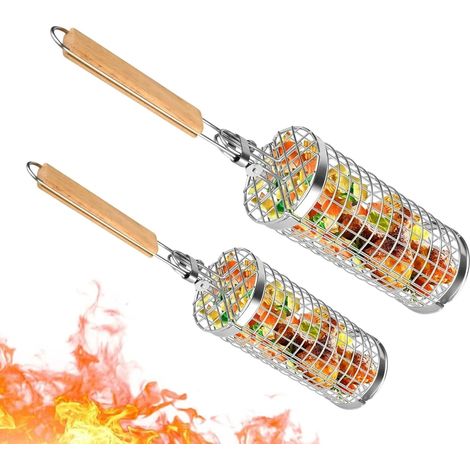 Paniers à churrasco empilables en acier inoxydable avec poignée en bois, outils de barbecue d'extérieur (1/5)