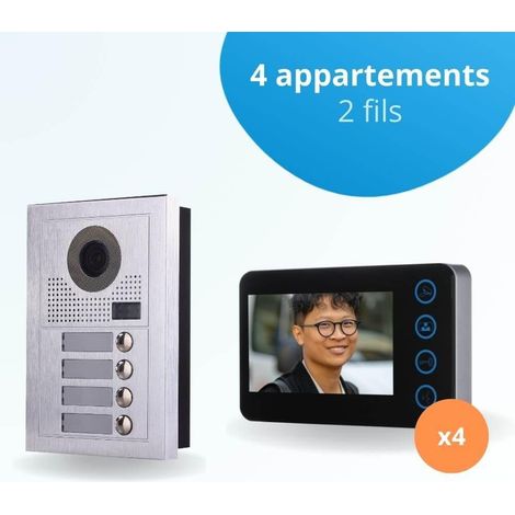 Portier interphone vidéo MODERN 2 Fils - 4 appartements - 4 écrans noirs