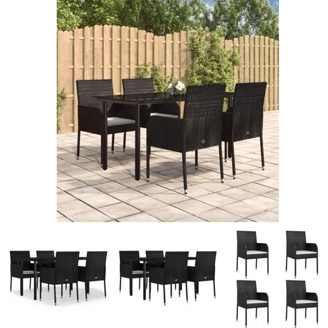 Rattan - vidaXL 5-tlg. Garten-Essgruppe mit Kissen Schwarz Poly Rattan - Gartenstuhl mit Kissen (1/5)