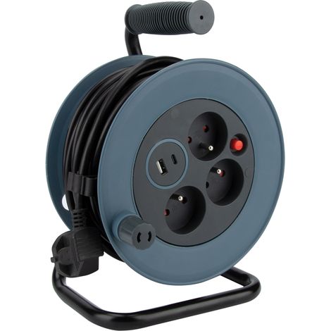 Zenitech – Enrouleur électrique 3 prises 16A – 2 ports USB (type A et C) – Câble 12m H05VV-F – Protection thermique et surcharge