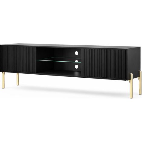 Mobile TV Moderno Con 2 Ante Vano Centrale A Giorno Ripiano In Vetro Passacavi Posteriori Struttura Melaminica Per Living Design Contemporaneo 135 X 31 X 47 Cm Nero (1/5)