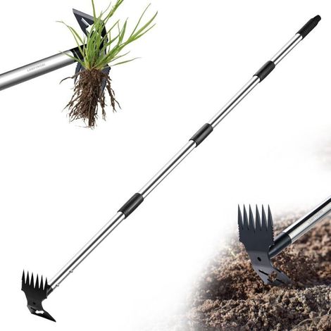 Extracteur de mauvaises herbes avec long manche de 150 cm, outil de jardinage manuel 2 en 1, râteau et binette de jardin, traction de désherbage robuste pour cour, pelouse, terrasse,