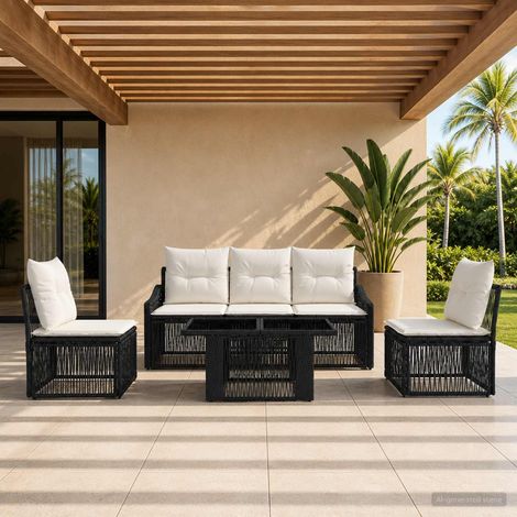 vidaXL Set Divano da Giardino 6 pz Nero e Bianco Crema polyrattan (1/5)