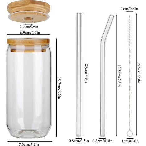 U-förmiges Glas für Dosen und Cola, 473 ml Set: 4 Gläser, 4 Bambusdeckel, 1 Reinigungsbürste, 2 gerade Glasstrohhalme, 2 gebogene Strohhalme, 21 x 18 x 18 cm (1/5)