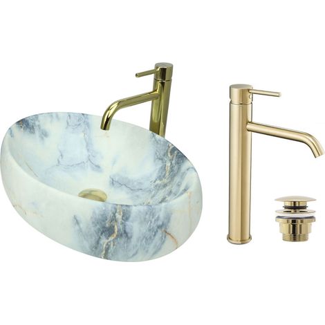 GTM Design Aufsatzwaschbecken 48 cm Matt Set mit Waschtischbatterie und Stopfen - Aufsatzwaschbecken Oval für Badezimmer - Modernes Waschbecken ohne Hahnloch - Waschbecken mit Armature (1/5)
