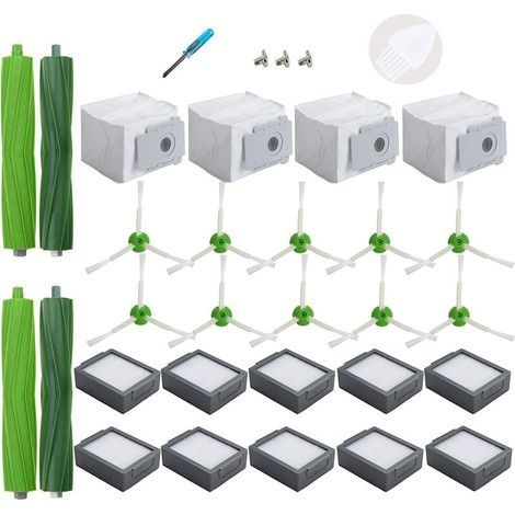 Accessoires d'aspirateur Accessoires de rechange pour iRobot Roomba i3+ i4+ i6+ i7+ i7 Plus i8+, 4 sacs à poussière, 10 filtres, 10 brosses latérales, 2 brosses en caoutchouc (1/5)