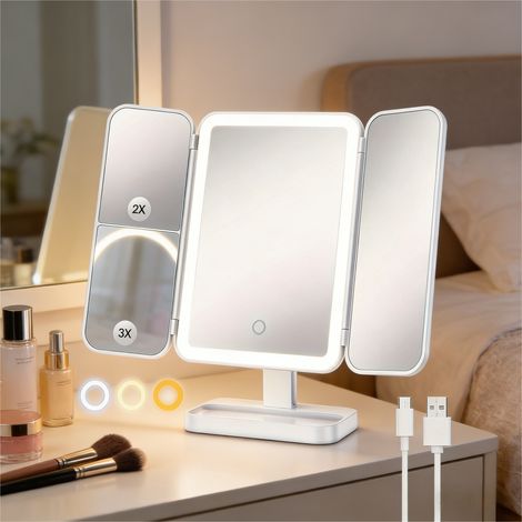 Miroir de maquillage pliable à LED avec miroir grossissant, rotatif et éclairage du visage convient aux coiffeuses et aux salles de bains. (1/5)