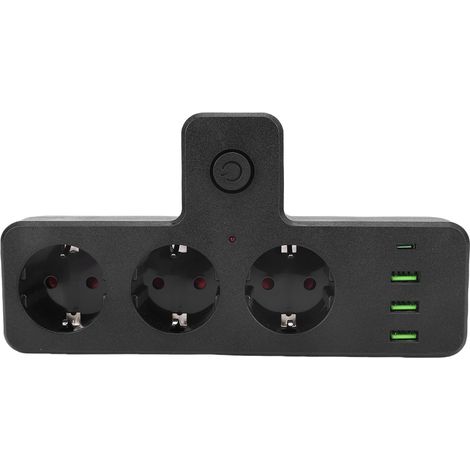 Multiprise multifonction avec interrupteur : 3 prises secteur, 3 ports USB et 1 port USB-C. Idéale pour la maison, les voyages et les chambres d'étudiant. (1/5)