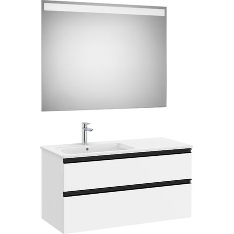 Pack meuble "The Gap" 1000 - 2 tiroirs + lavabo slim gauche + miroir LED - blanc mat/poignées noires - Roca (1/2)
