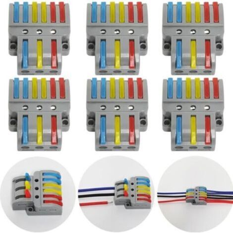 Bornes de Connexion, 6 Pcs Connecteur électrique avec levier de fonctionnement, Compact Borne de connexion électrique Automatique, 3 in 6 out, Avec vis de montage