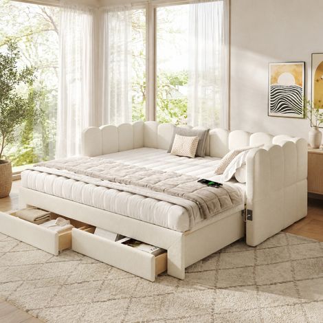 Ausziehbares Daybett 90x190 cm beige aus Leinen mit Schubladen und USB-Anschluss (1/5)